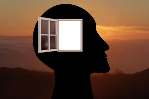 Think outside the box - human head with open window in head 